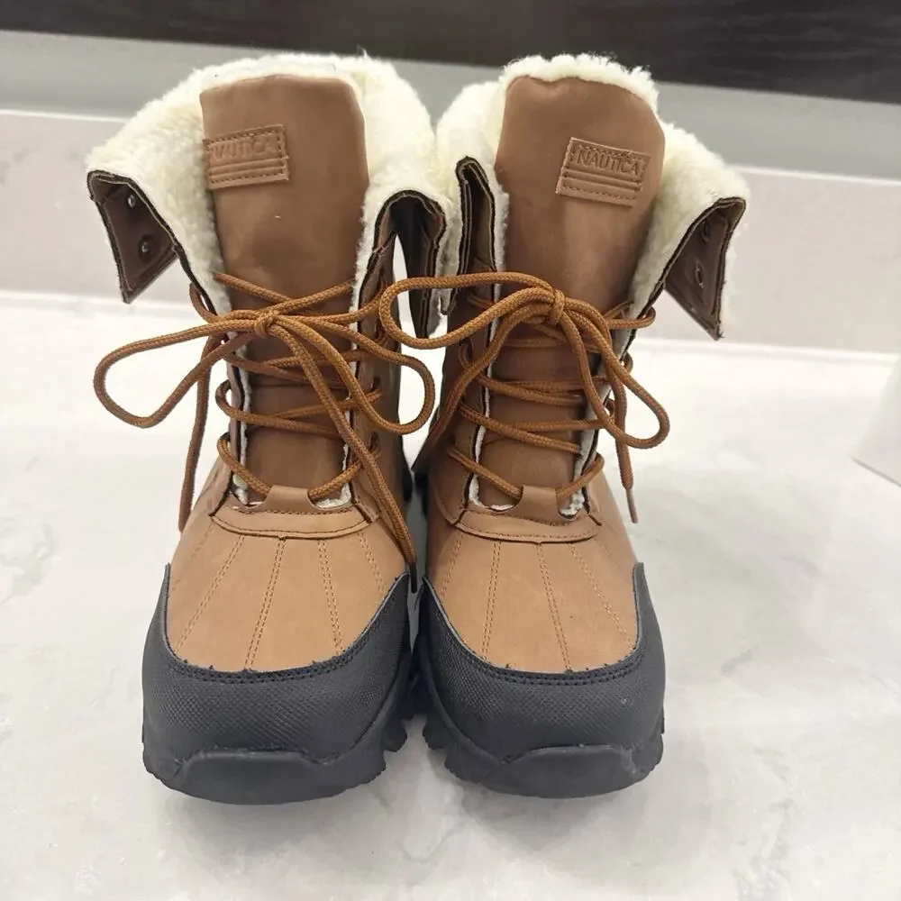 Nautica Winter Boots Faux Shearling Lined Mid Calf Snow Tan Lace Up Youth Size 5